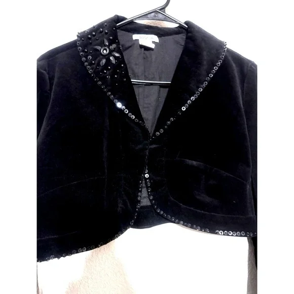 VTG Y2K West 36 Black Bolero Jacket Sz Large Sequin Beaded‎ Corduroy Crop Event - Picture 2 of 8